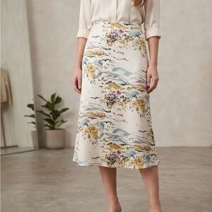 VTG Amanda Smith Multi-Color 100% Silk Landscape Print Midi Skirt Sz 14/ fits 12